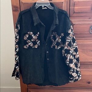 POL Black Corduroy Button Down Shirt Jacket with Brown and White Accents NWOT